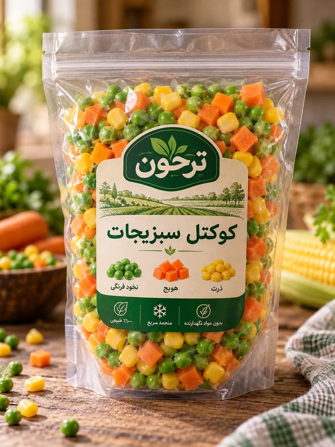 خرید کوکتل سبزیجات ترخون | ترکیب نخودفرنگی، ذرت و هویج آماده مصرف